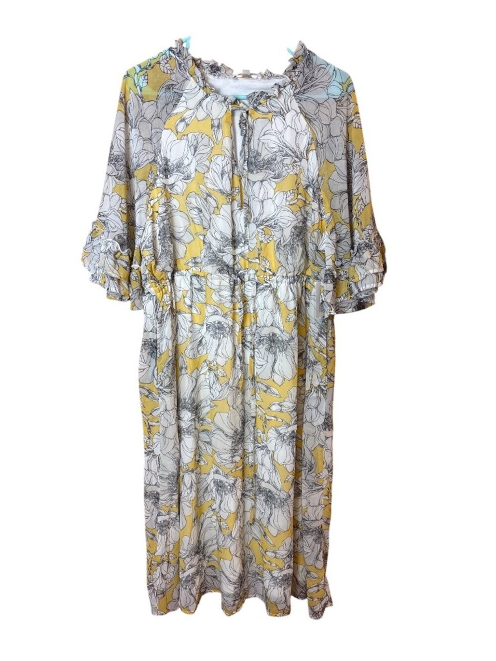 Yellow & White Floral Print Dress With Ruffled Sleeves & Tie Neck Detail By Dail